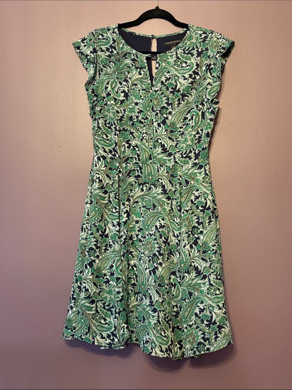 Banana Republic Fit & Flare Green Paisley Cap-Sleeve Dress size 4